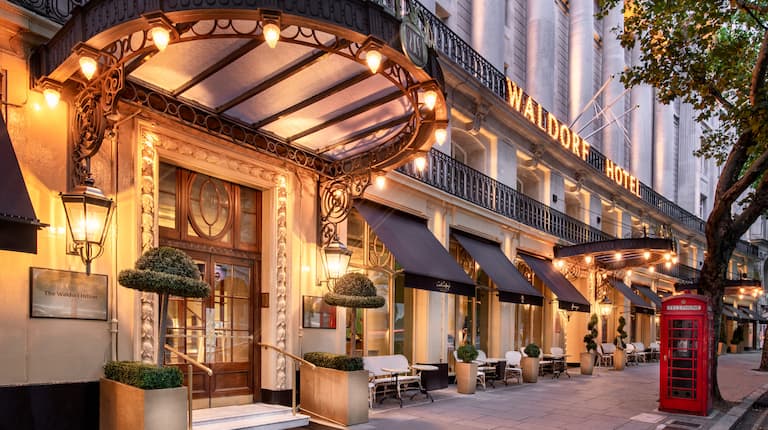 Hotel exterior at The Waldorf Hilton.